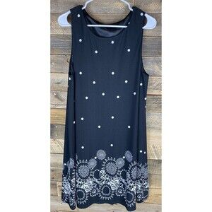 Women's Plus Sz 1XL Black & White Floral Polka Dot Sleeveless Polyester Dress